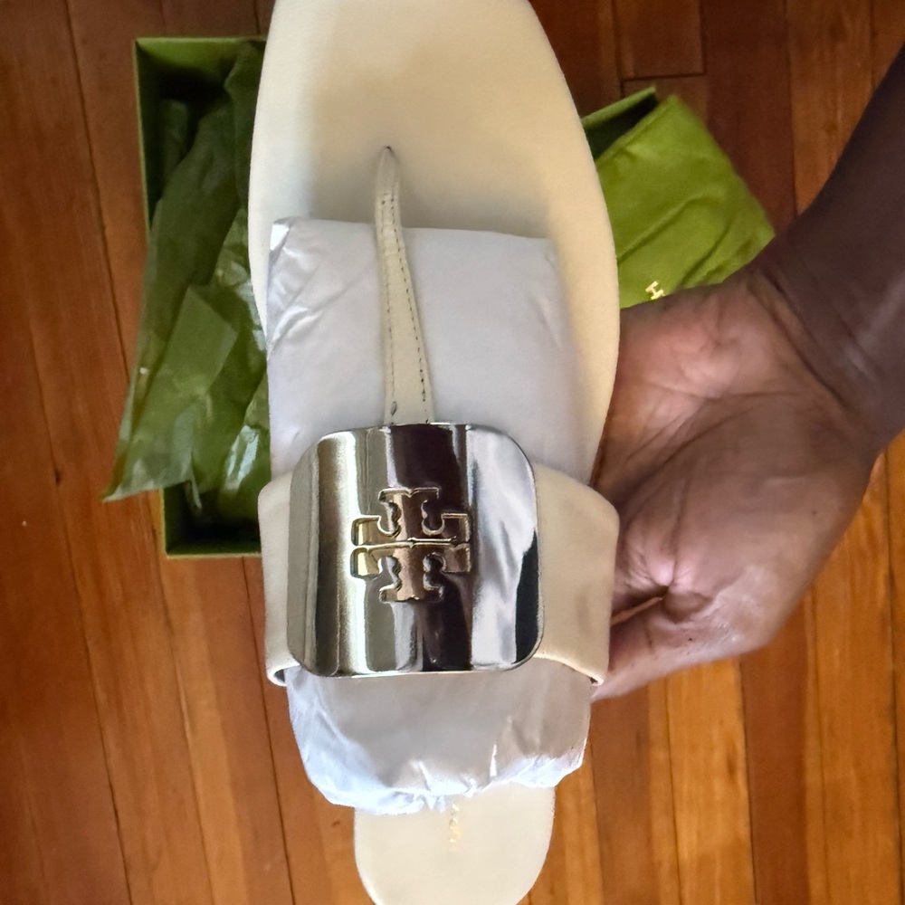 Tory Burch White Sandal with Silver Logo Plaque